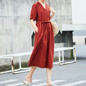 Linen Midi Dress Breezy Dress for Light Layers F794